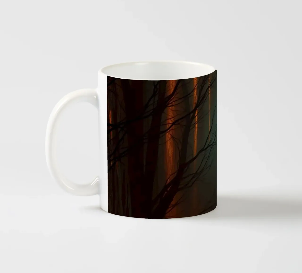 Mysterious forest with fog and glowing lights offering an ab ceramic mug by DesignDoodle
