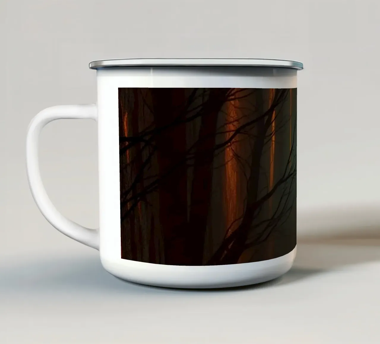 Mysterious forest with fog and glowing lights offering an ab enamel mug by DesignDoodle