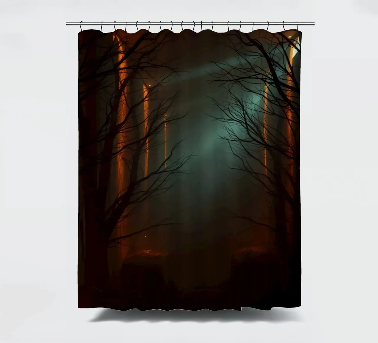Mysterious forest with fog and glowing lights offering an ab shower curtain by DesignDoodle