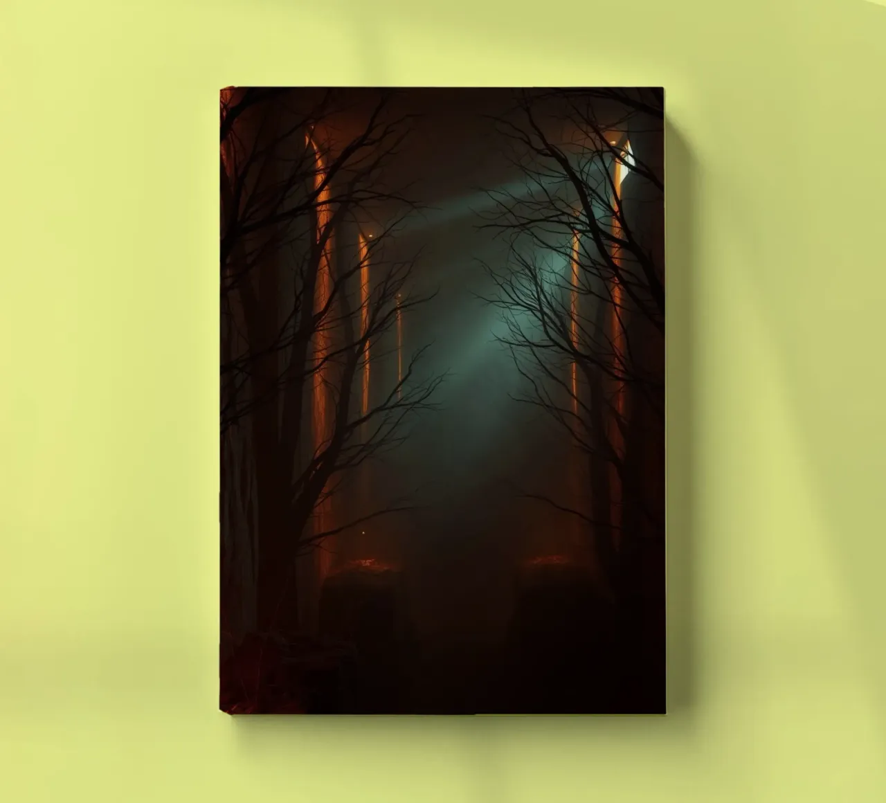 Mysterious forest with fog and glowing lights offering an ab notebook by DesignDoodle