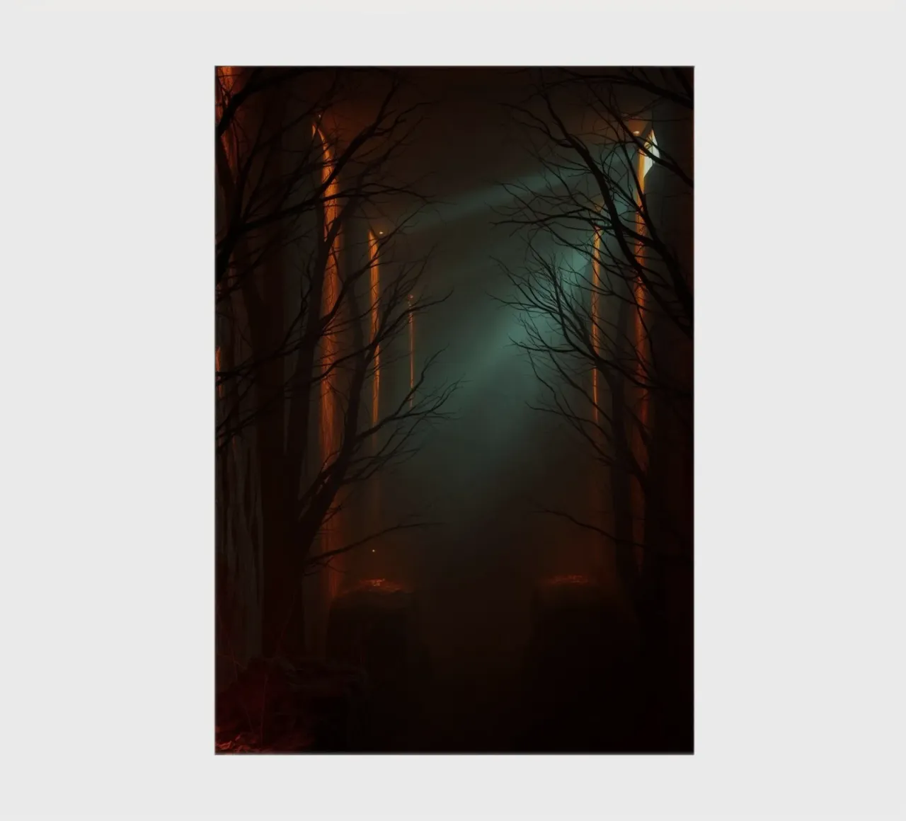 Mysterious forest with fog and glowing lights offering an ab notebook by DesignDoodle