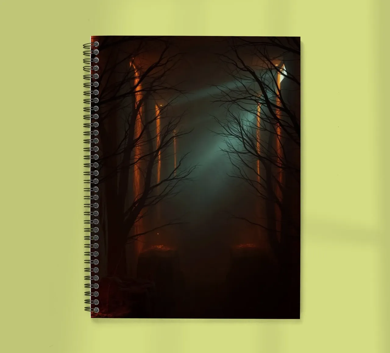 Mysterious forest with fog and glowing lights offering an ab spiral notebook by DesignDoodle