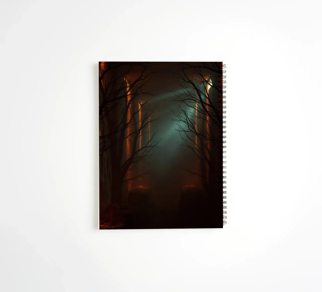 Mysterious forest with fog and glowing lights offering an ab spiral notebook by DesignDoodle