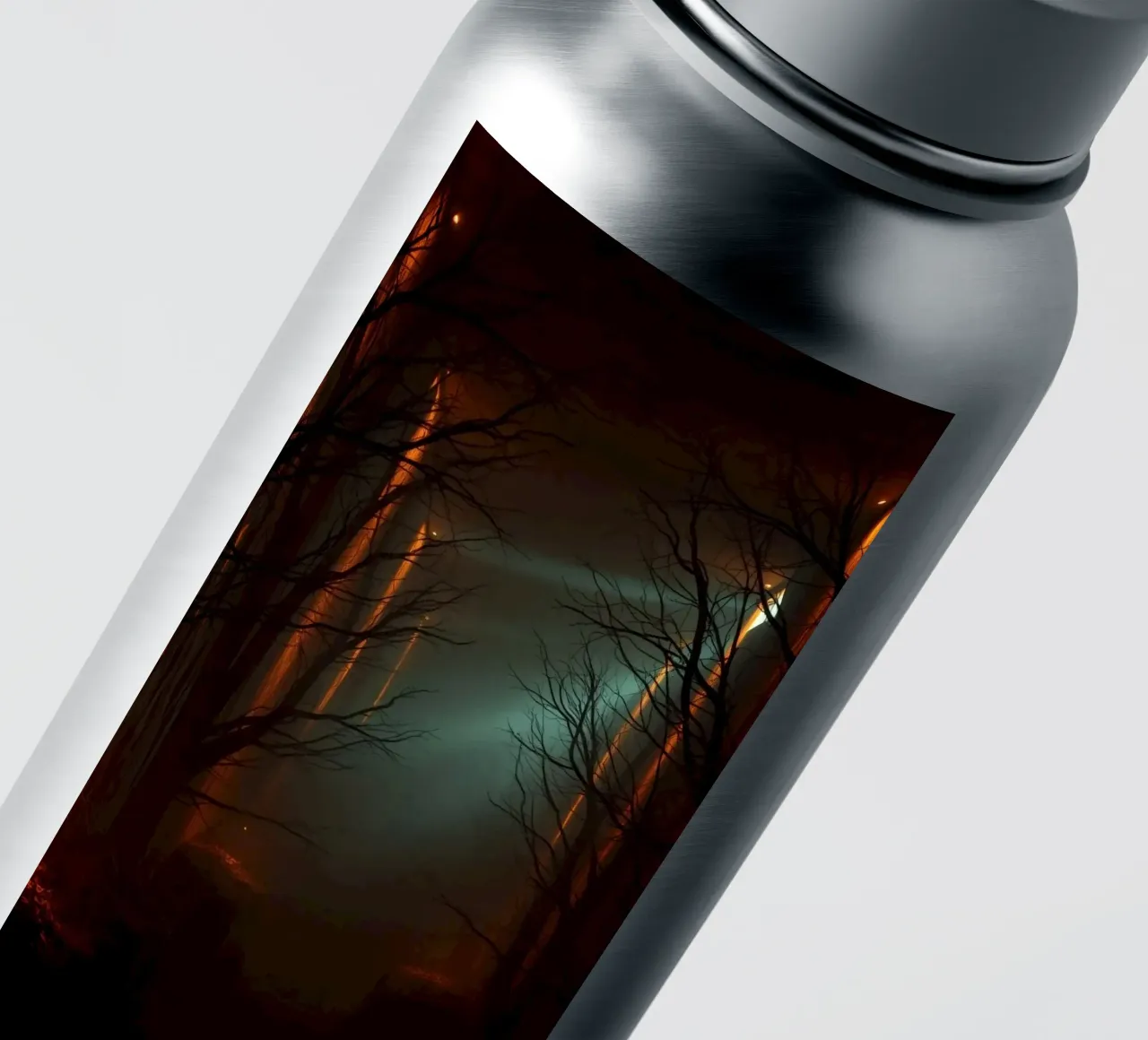 Foresta misteriosa con nebbia e luci incandescenti che offre un'esperienza ab adesivo da DesignDoodle