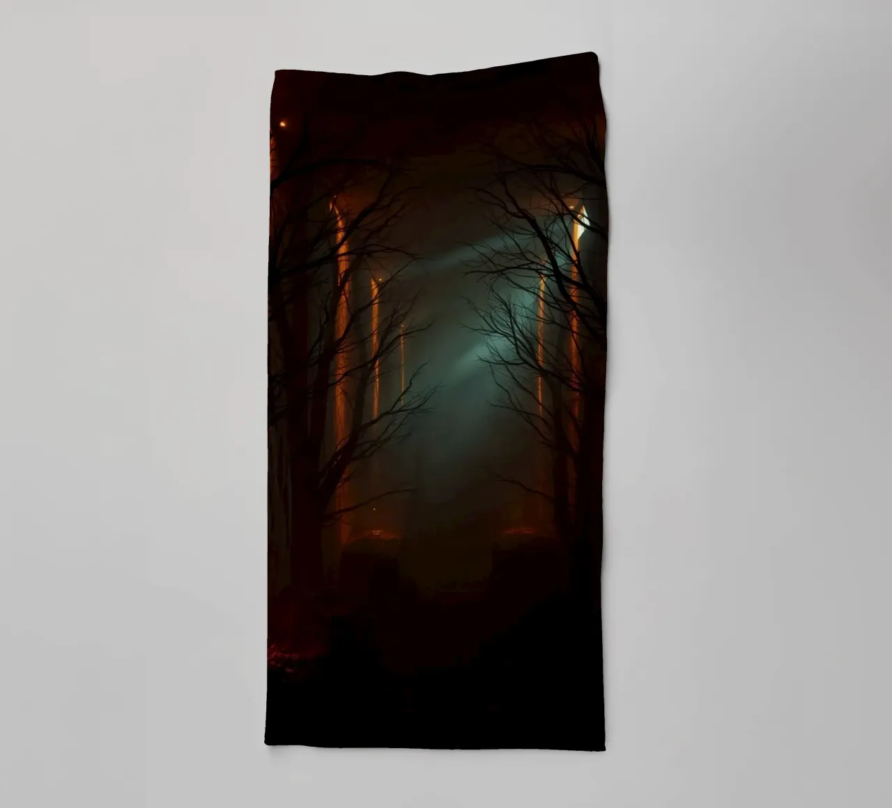 Mysterious forest with fog and glowing lights offering an ab towel by DesignDoodle