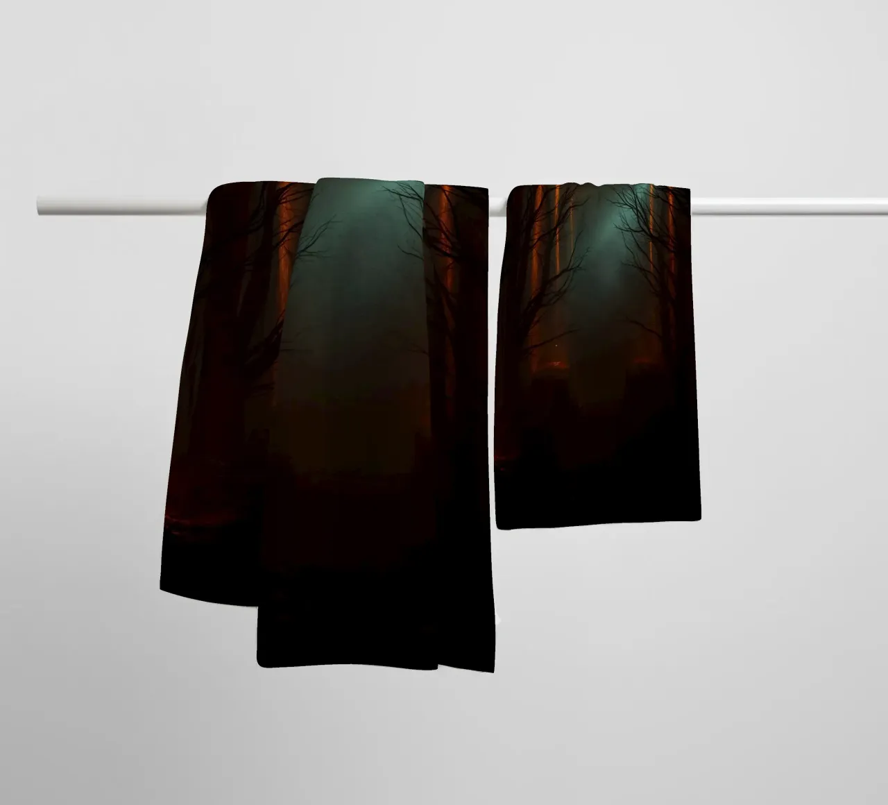 Mysterious forest with fog and glowing lights offering an ab towel by DesignDoodle