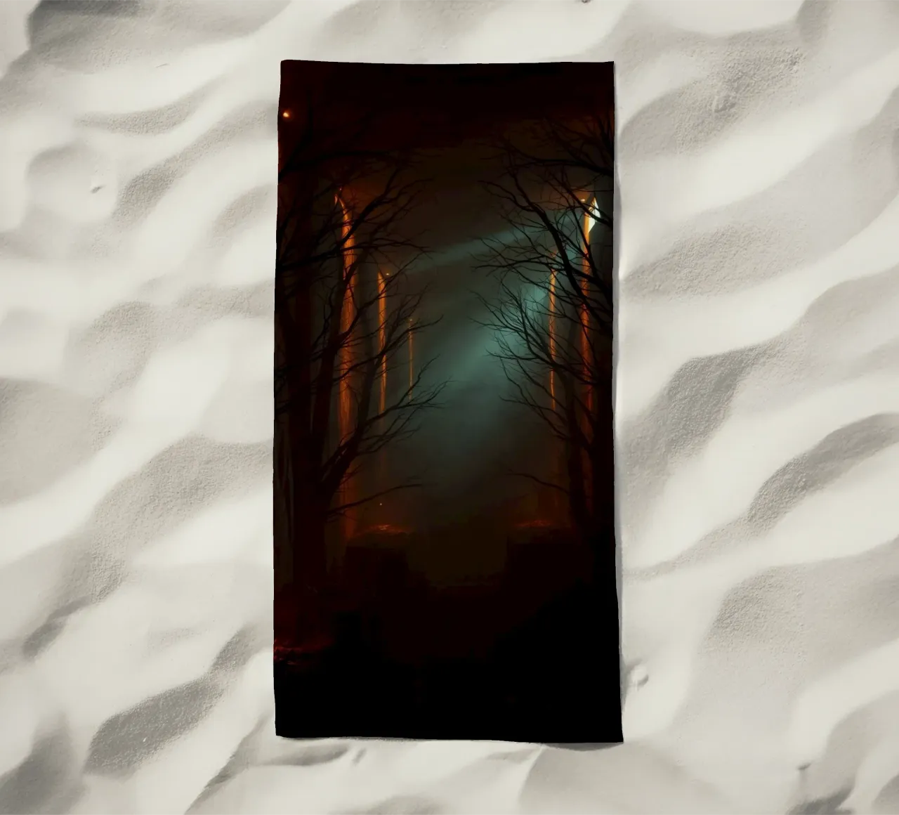 Mysterious forest with fog and glowing lights offering an ab beach towel by DesignDoodle