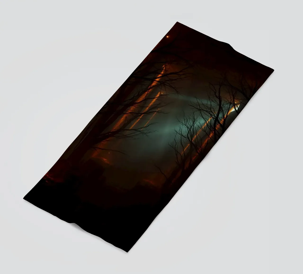 Mysterious forest with fog and glowing lights offering an ab beach towel by DesignDoodle