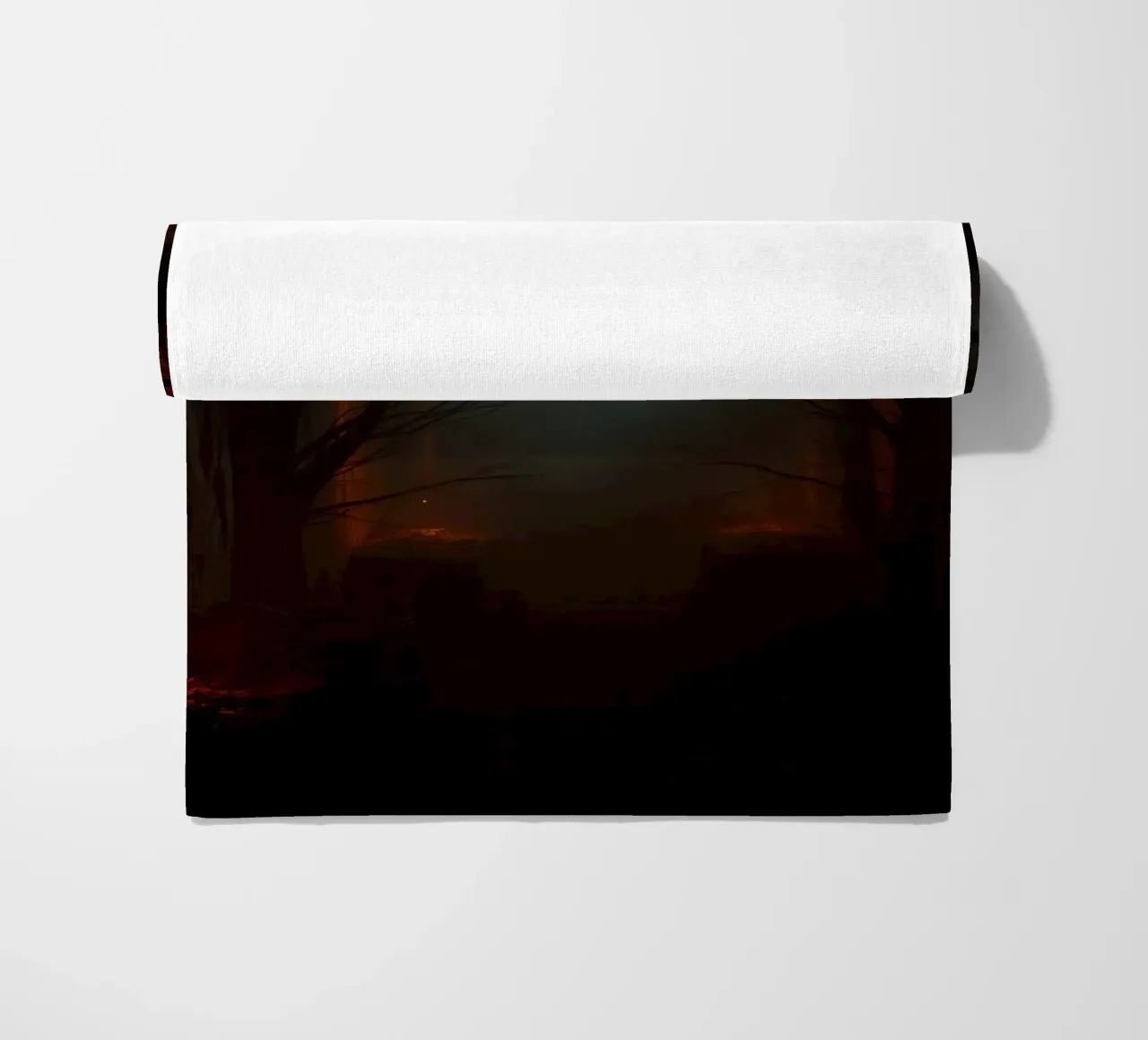 Mysterious forest with fog and glowing lights offering an ab beach towel by DesignDoodle