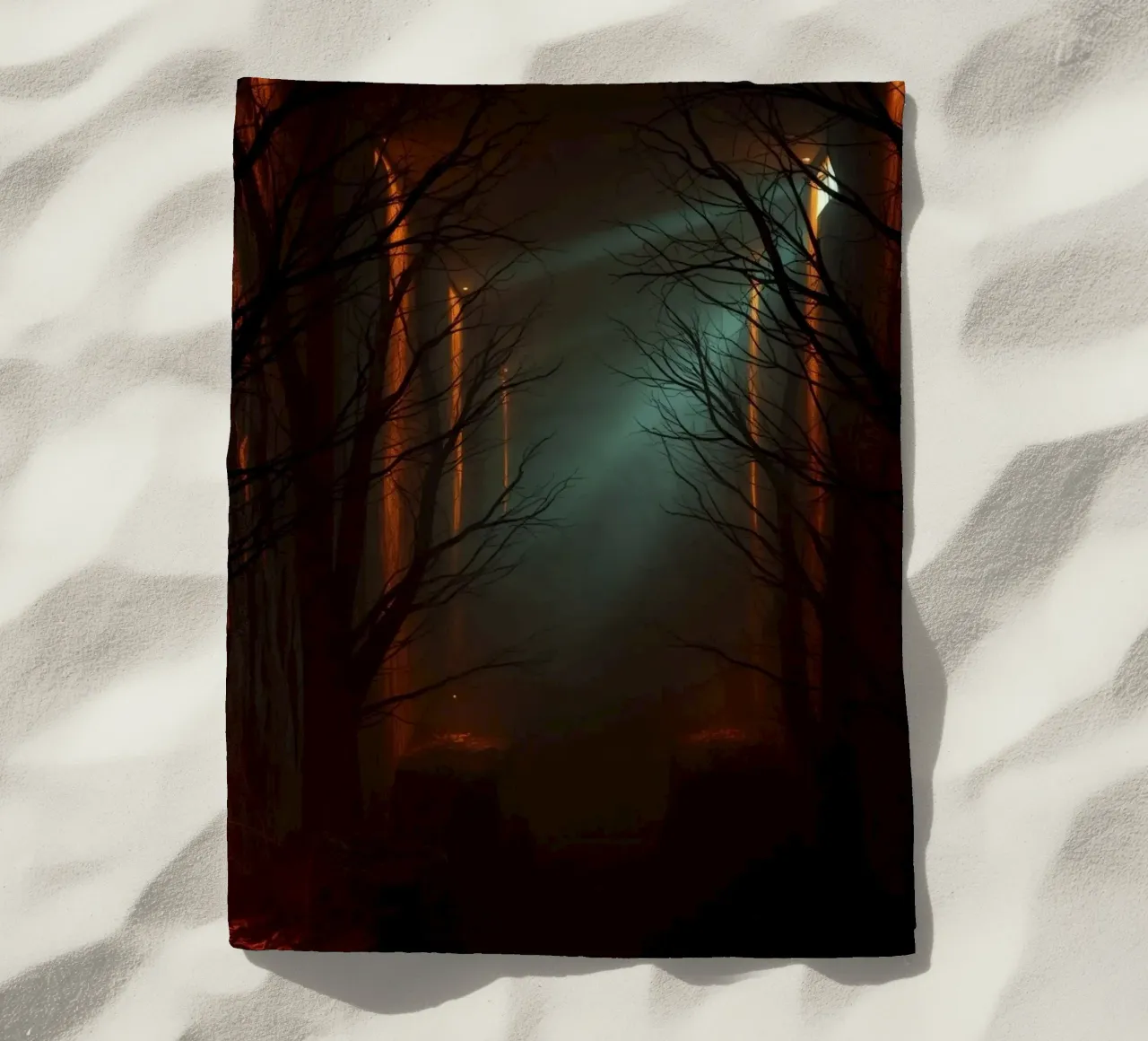 Mysterious forest with fog and glowing lights offering an ab beach towel by DesignDoodle