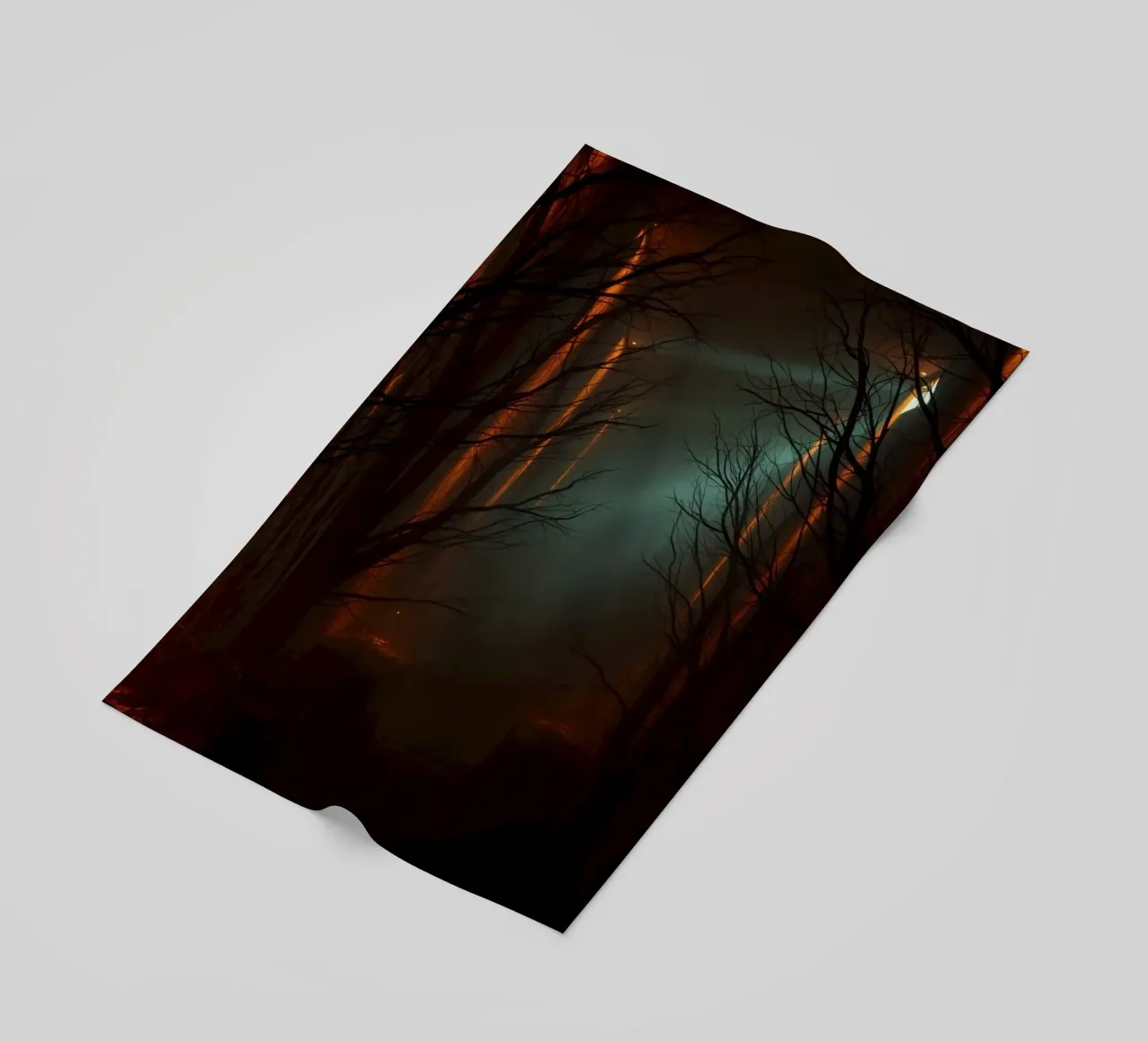 Mysterious forest with fog and glowing lights offering an ab beach towel by DesignDoodle