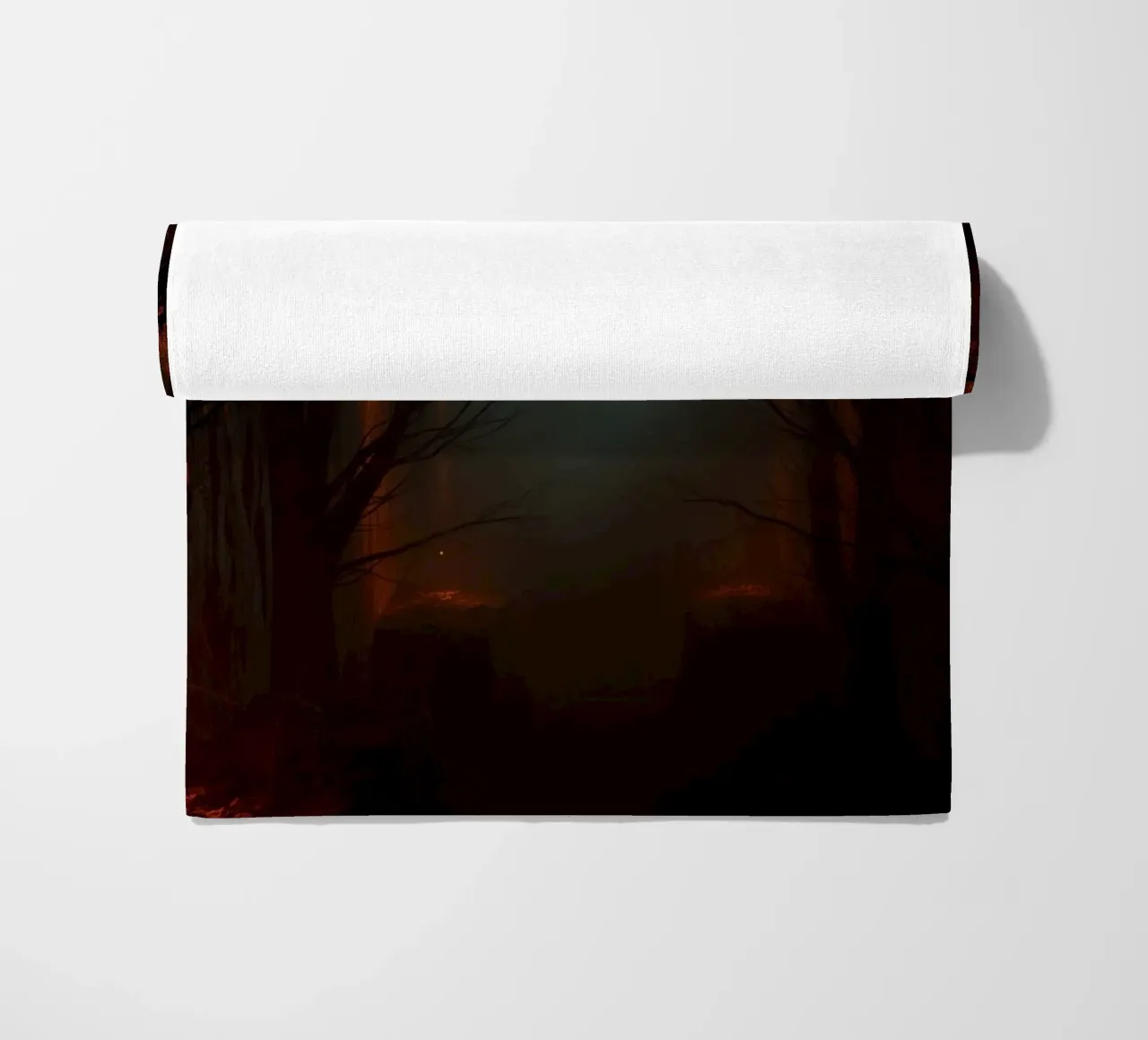 Mysterious forest with fog and glowing lights offering an ab beach towel by DesignDoodle