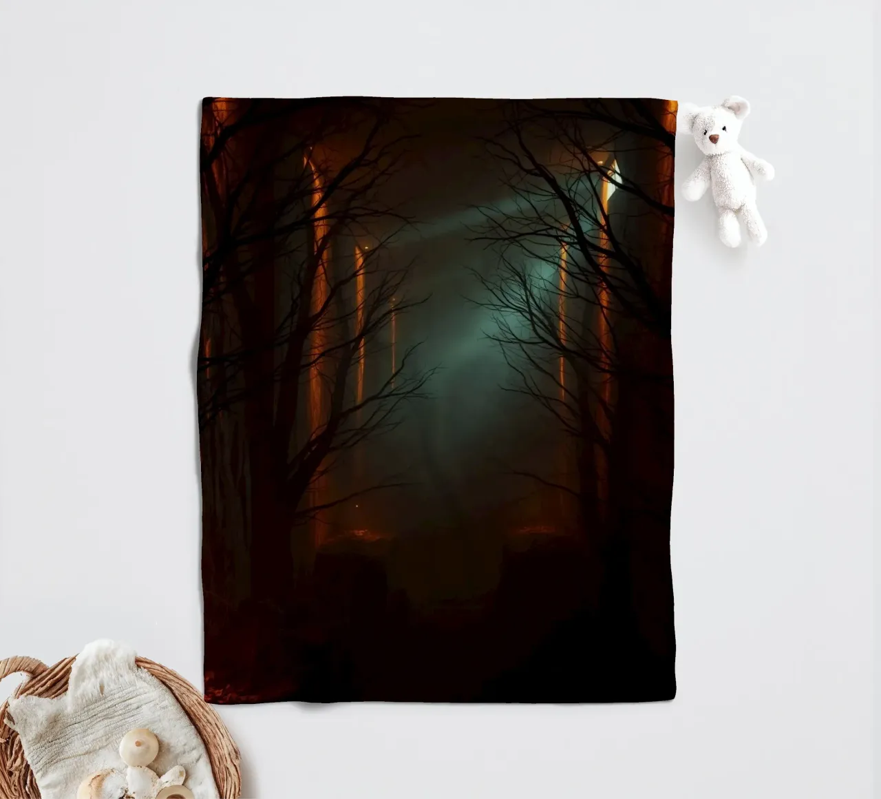 Mysterious forest with fog and glowing lights offering an ab fleece blanket by DesignDoodle