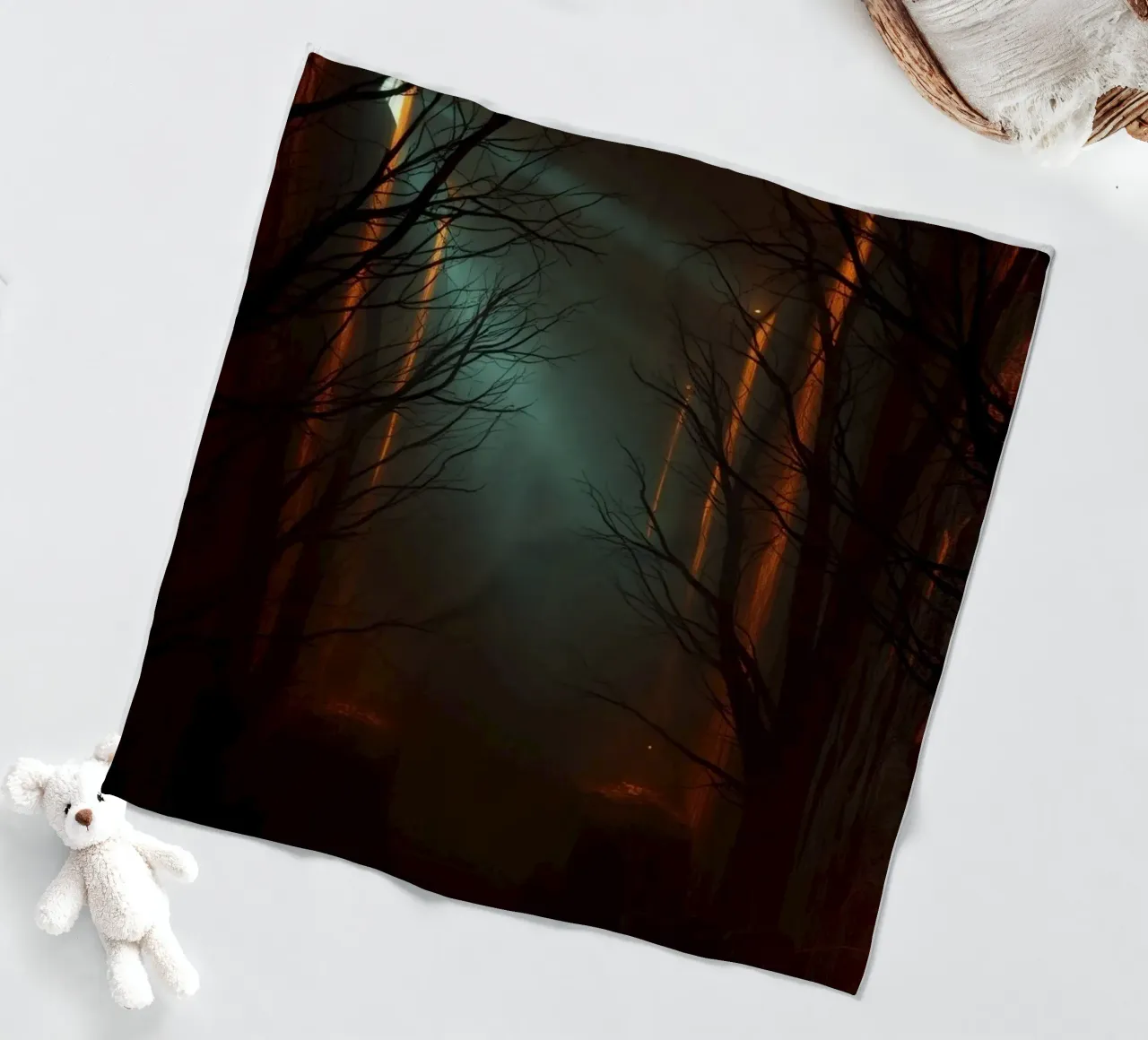 Mysterious forest with fog and glowing lights offering an ab fleece blanket by DesignDoodle