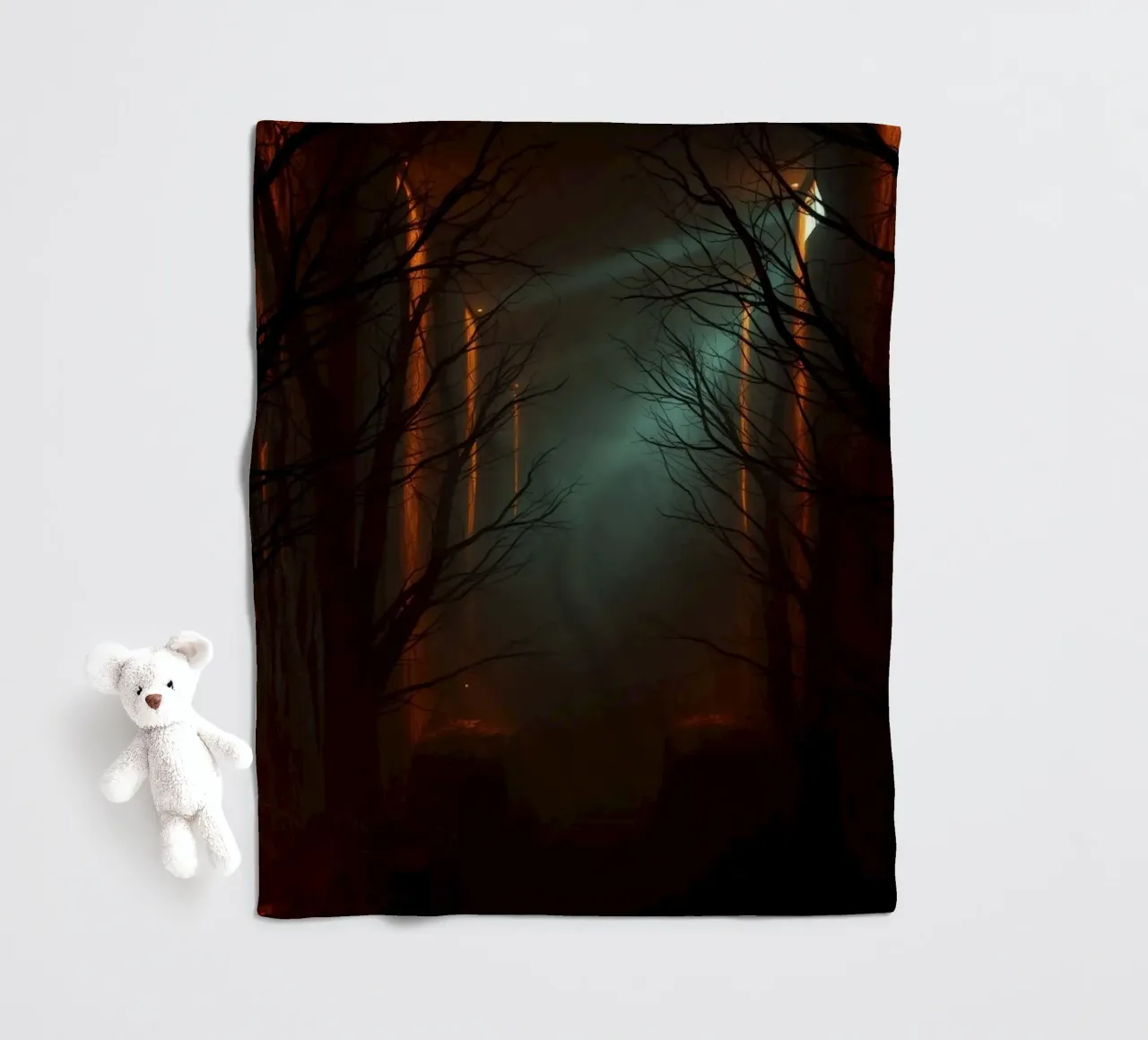 Mysterious forest with fog and glowing lights offering an ab fleece blanket by DesignDoodle