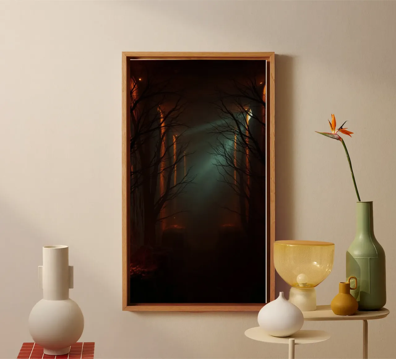 Foresta misteriosa con nebbia e luci incandescenti che offre un'esperienza ab tela da DesignDoodle