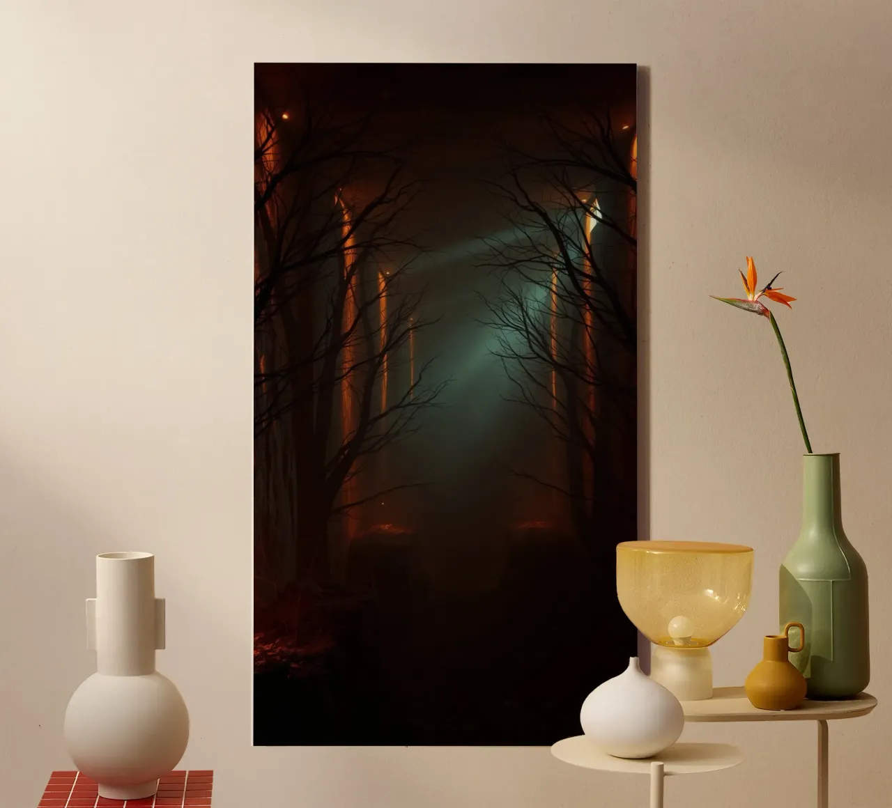 Foresta misteriosa con nebbia e luci incandescenti che offre un'esperienza ab tela da DesignDoodle