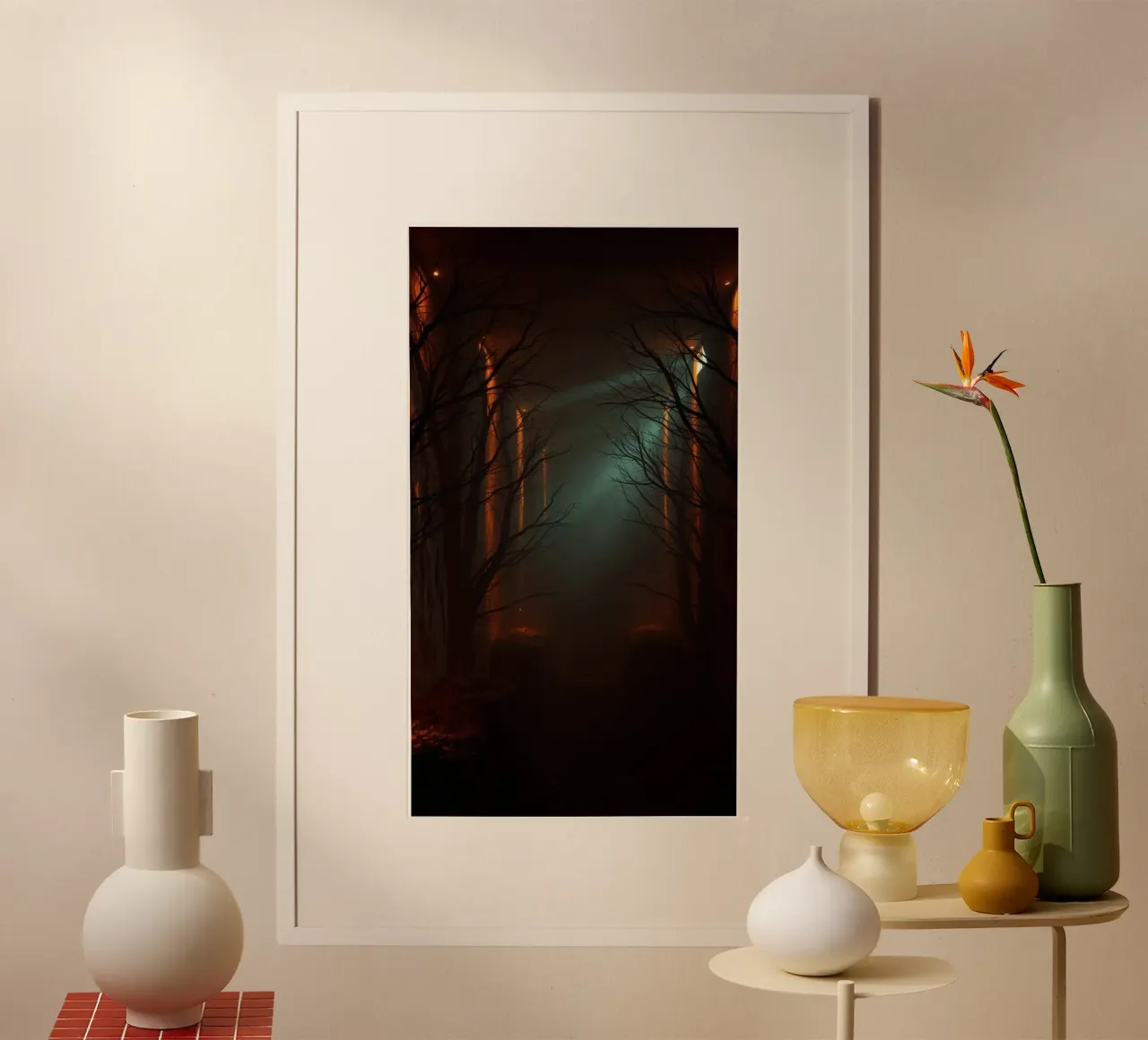 Foresta misteriosa con nebbia e luci incandescenti che offre un'esperienza ab poster da DesignDoodle