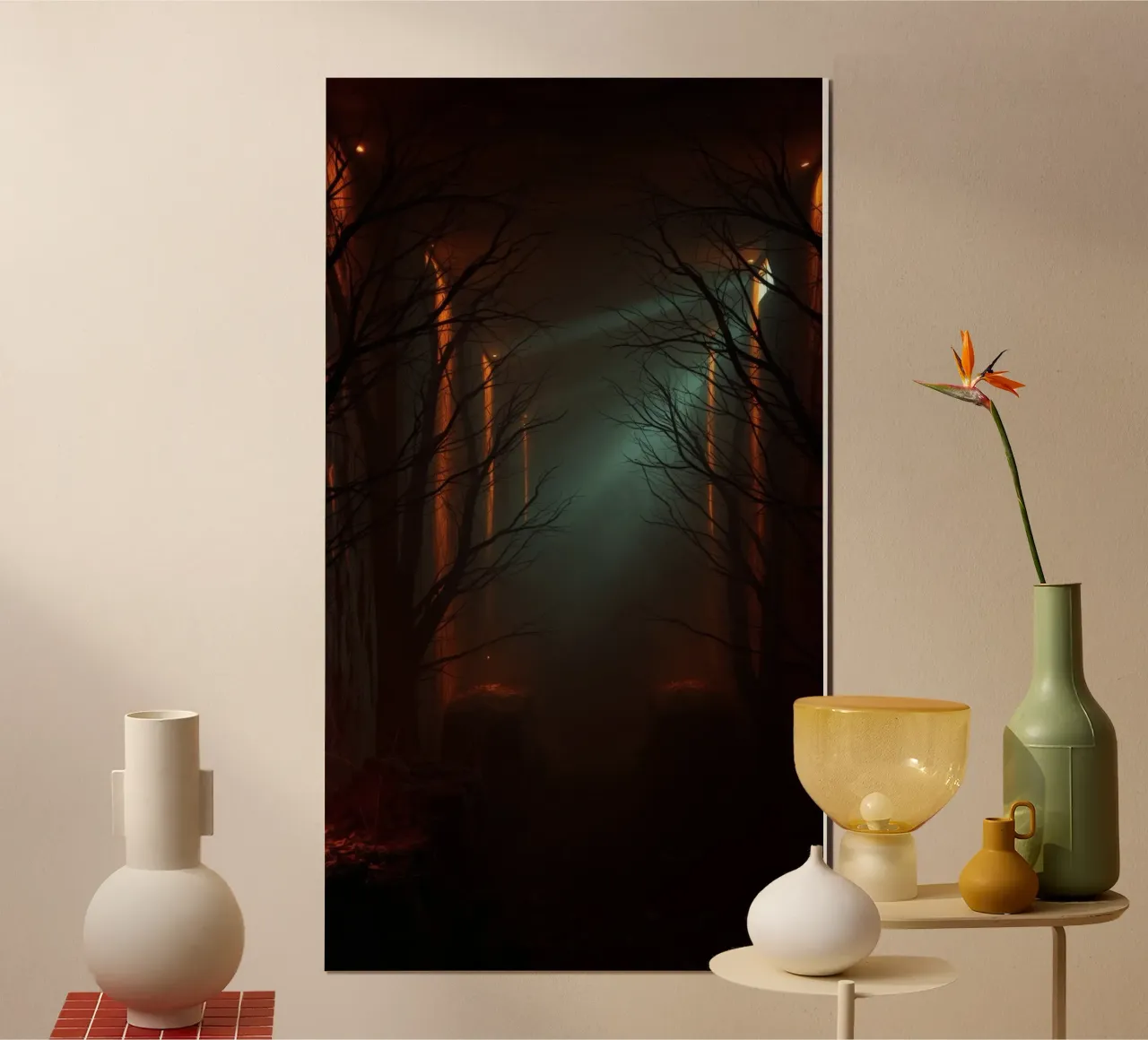 Mysterious forest with fog and glowing lights offering an ab hahnemühle by DesignDoodle