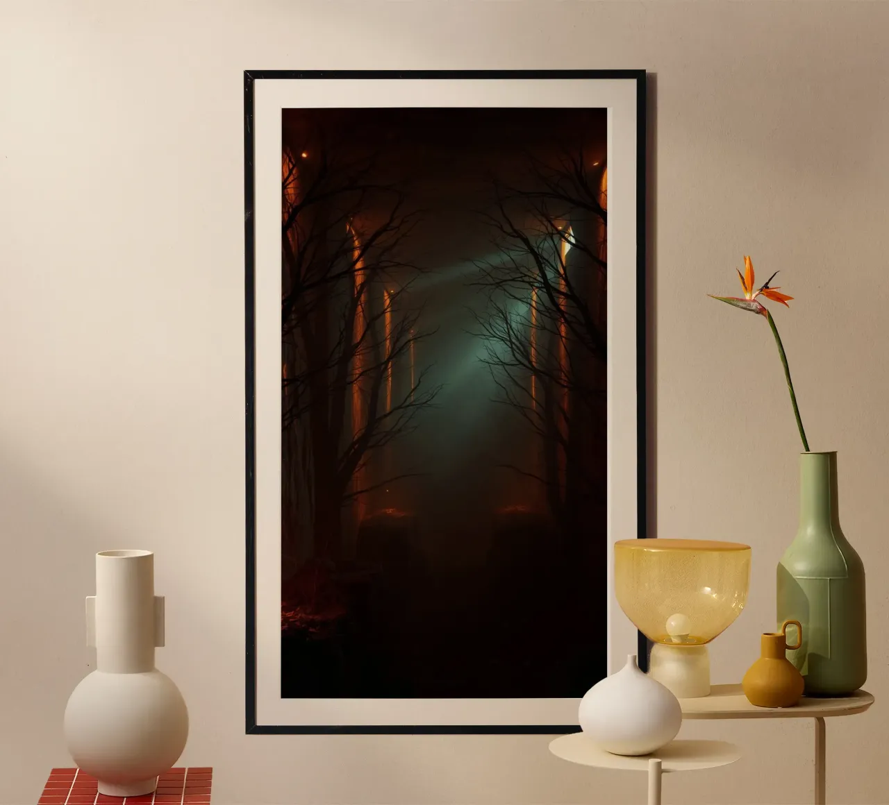 Foresta misteriosa con nebbia e luci incandescenti che offre un'esperienza ab carta hahnemühle da DesignDoodle