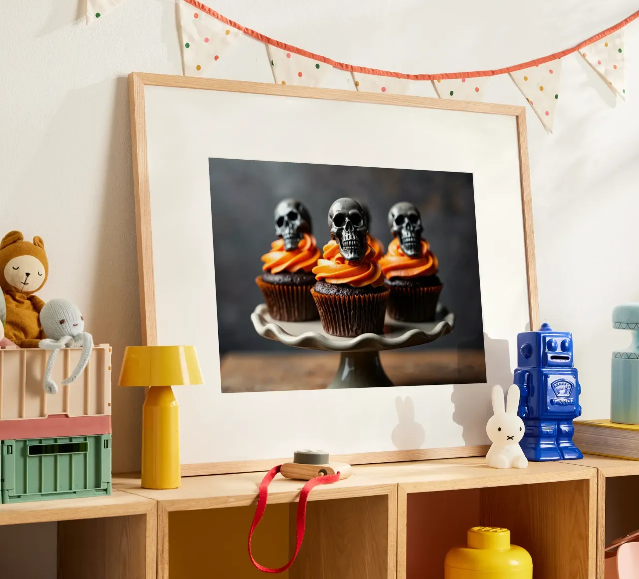 Cupcake di Halloween con teschi poster con telaio in legno da Lisa Artifexia