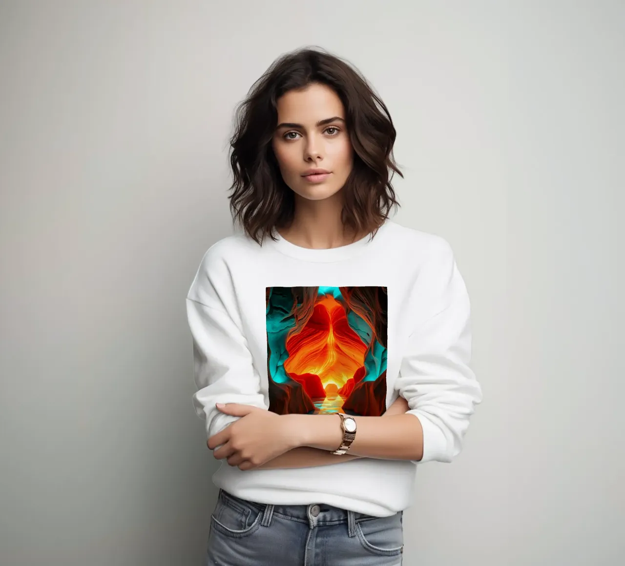 Captivating abstract cave background featuring vibrant color sweatshirt by DesignDoodle