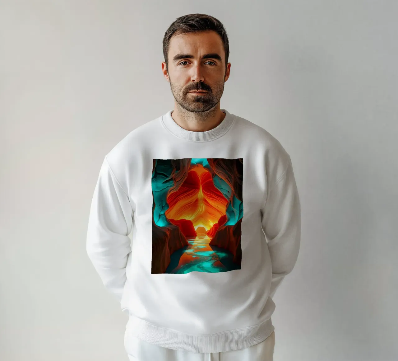 Captivating abstract cave background featuring vibrant color sweatshirt by DesignDoodle