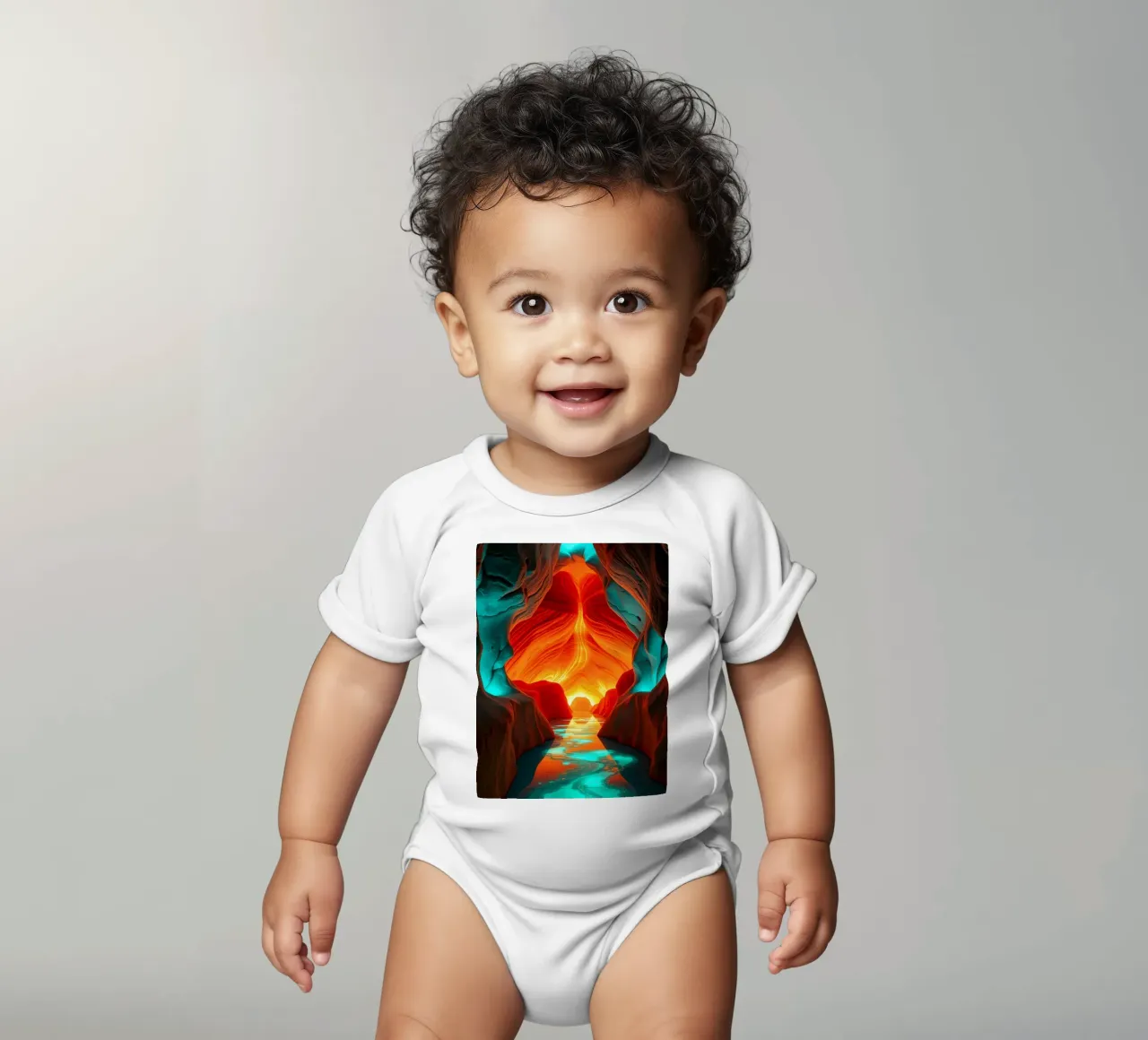Captivating abstract cave background featuring vibrant color short-sleeve baby romper by DesignDoodle
