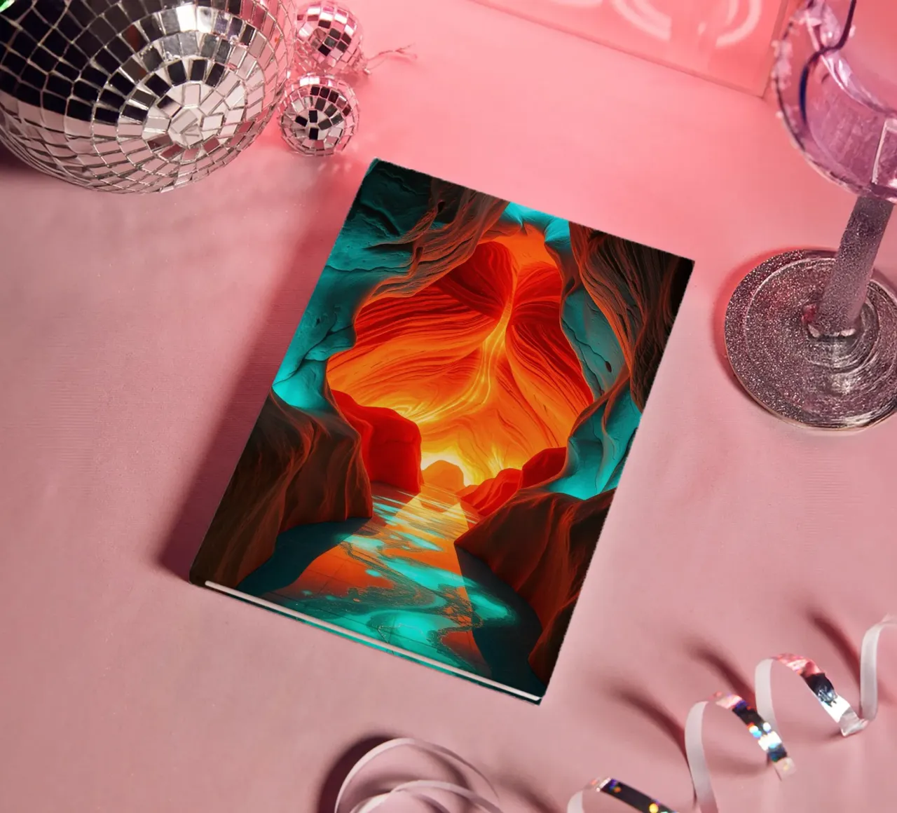 Captivating abstract cave background featuring vibrant color notebook by DesignDoodle