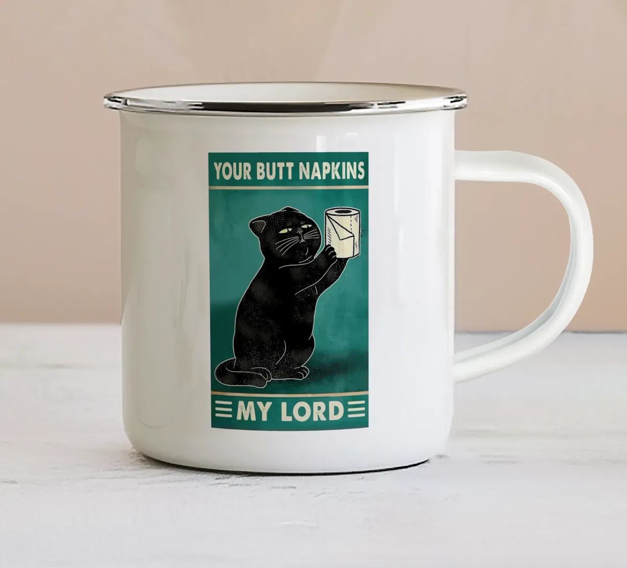 I vostri tovaglioli per il culo, mio Signore tazza in smalto da Margaret Marie Ostrout