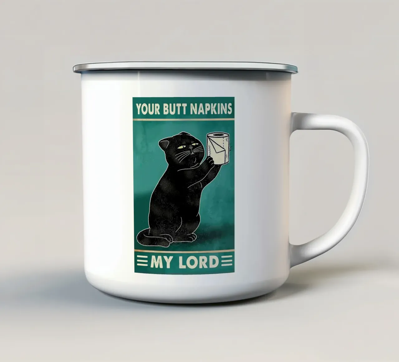 I vostri tovaglioli per il culo, mio Signore tazza in smalto da Margaret Marie Ostrout