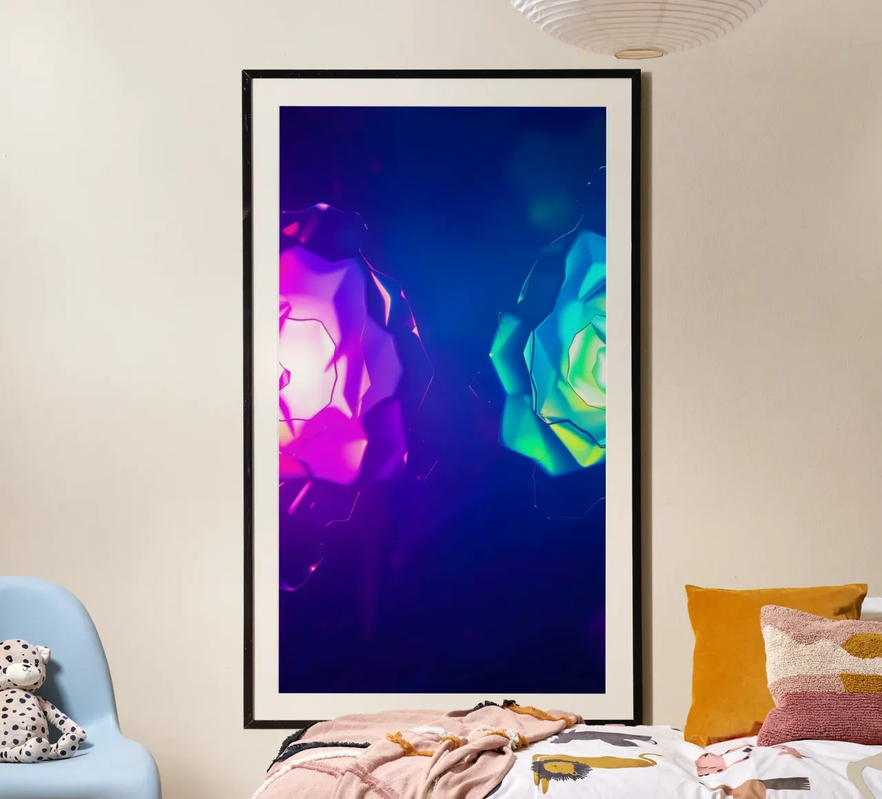 Design moderno con forme astratte di rose luminose e colorate poster con telaio in legno da DesignDoodle