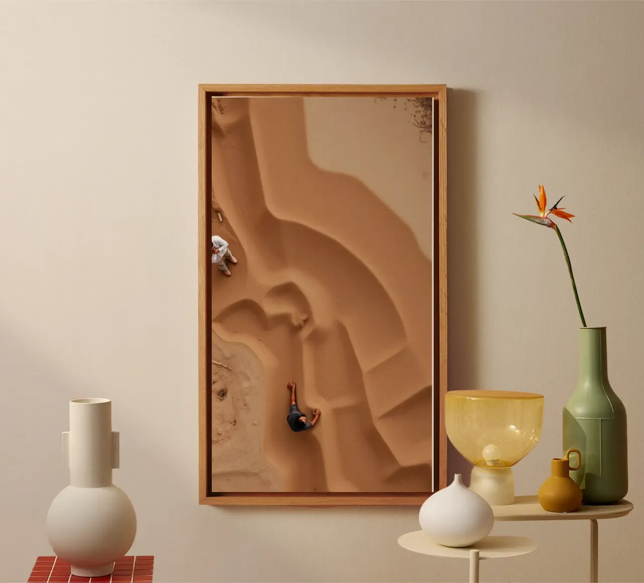 Explore the artistry of sand patterns and human interaction canvas by DesignDoodle