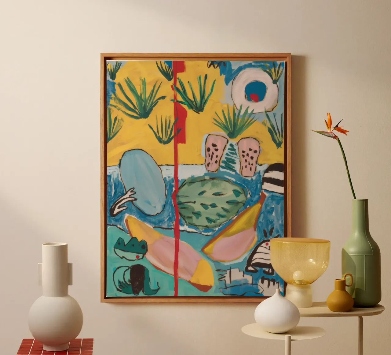 Geometric Palm Paradise canvas with Floater frame by Beach Palette