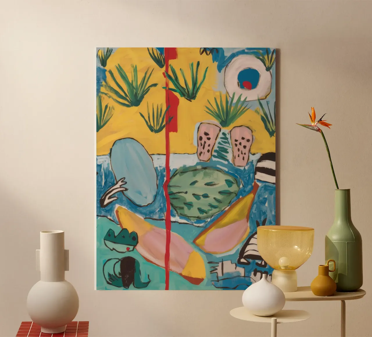 Geometric Palm Paradise canvas with Floater frame by Beach Palette