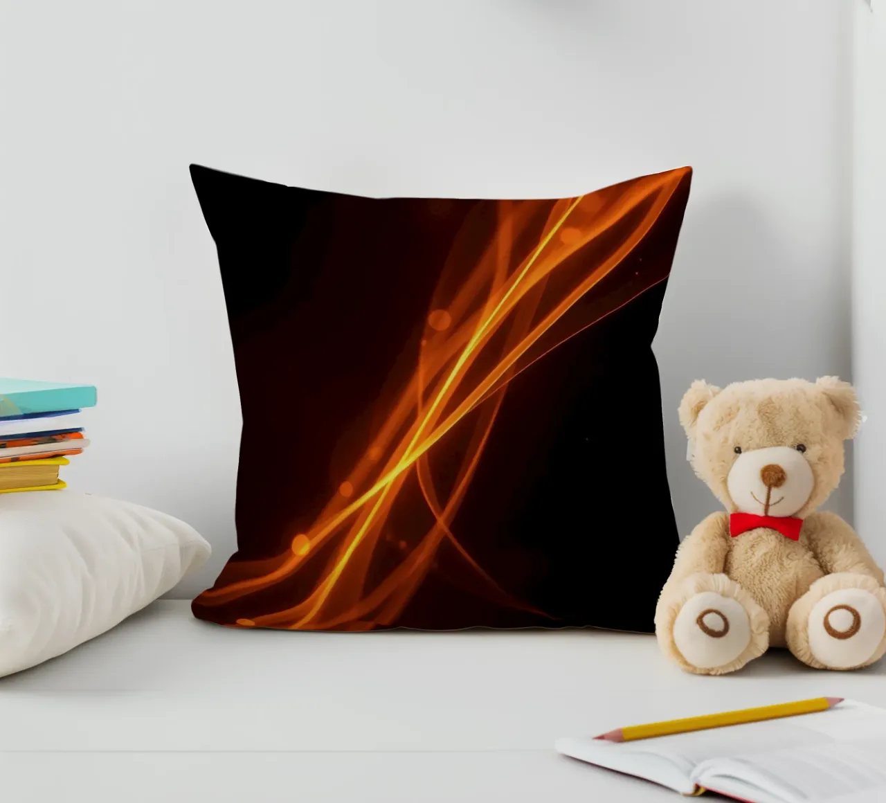 Vibrant orange abstract background with flowing lines decorative cushion by DesignDoodle