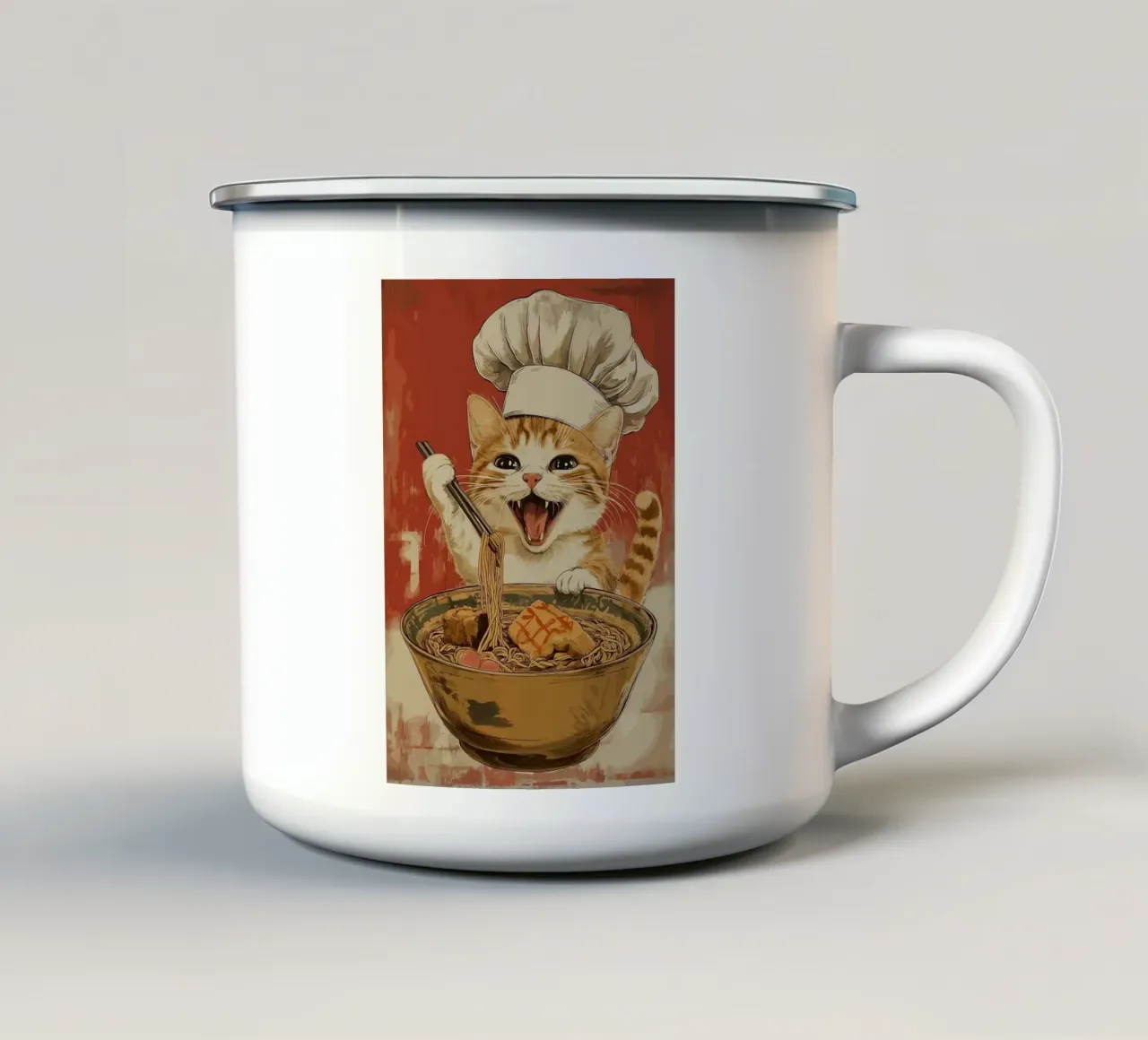 Chef Cat Ramen tazza in smalto da Margaret Marie Ostrout