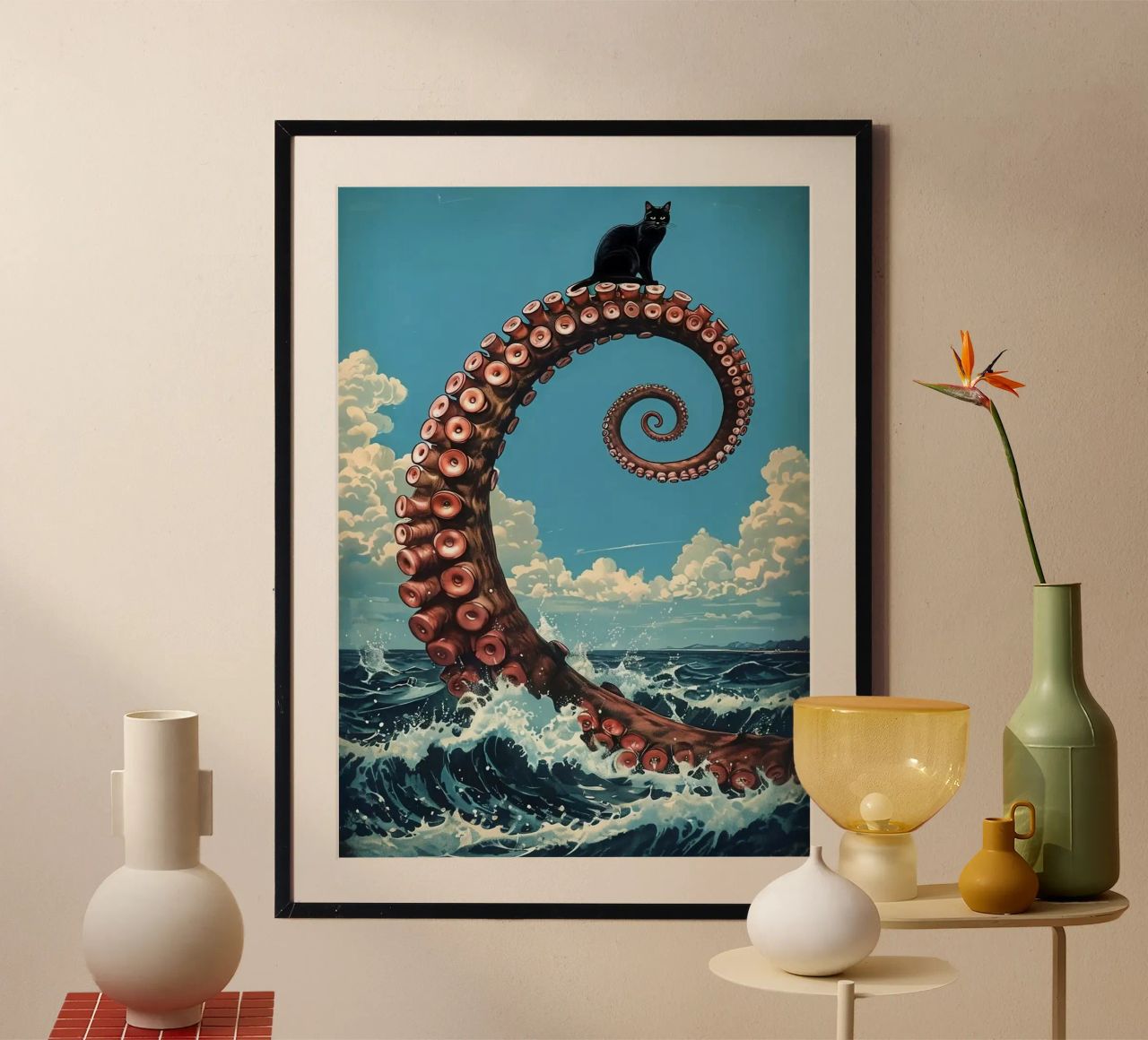 Chat noir sur un tentacule de pieuvre poster de Margaret Marie Ostrout