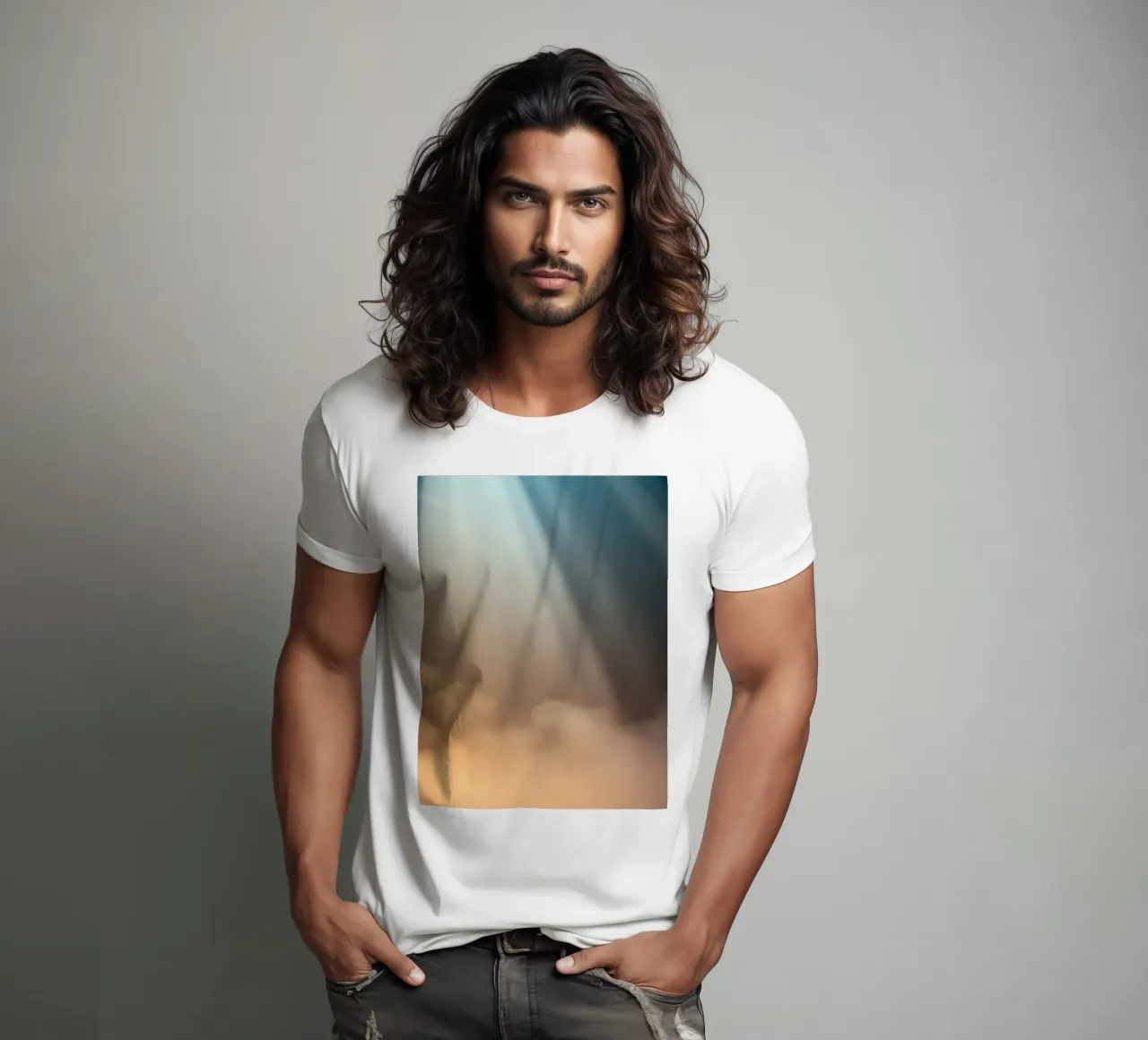 Soft abstract background with light ray piercing through fog t-shirt by DesignDoodle