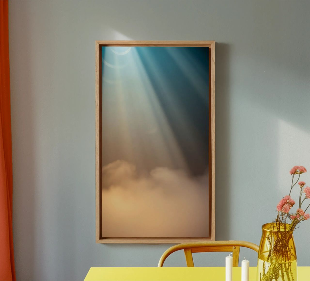 Soft abstract background with light ray piercing through fog canvas by DesignDoodle
