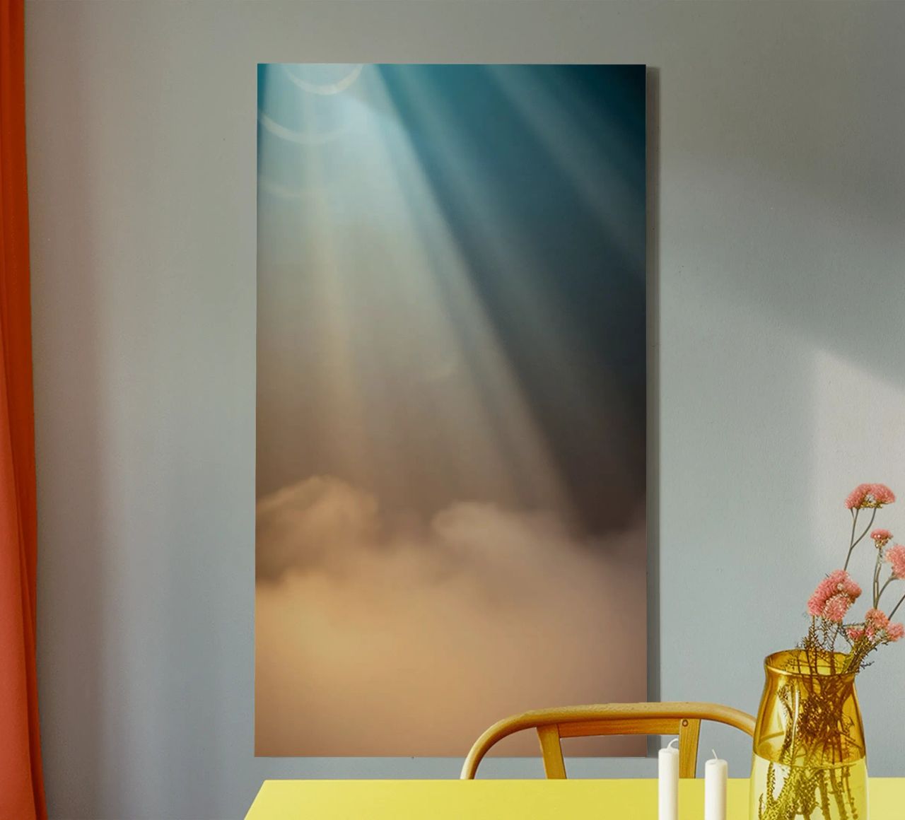 Soft abstract background with light ray piercing through fog canvas by DesignDoodle