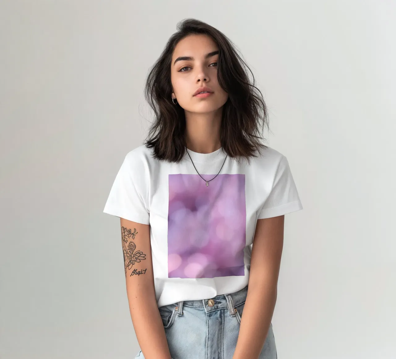 Colorful abstract bokeh background with gentle pink hues t-shirt by DesignDoodle