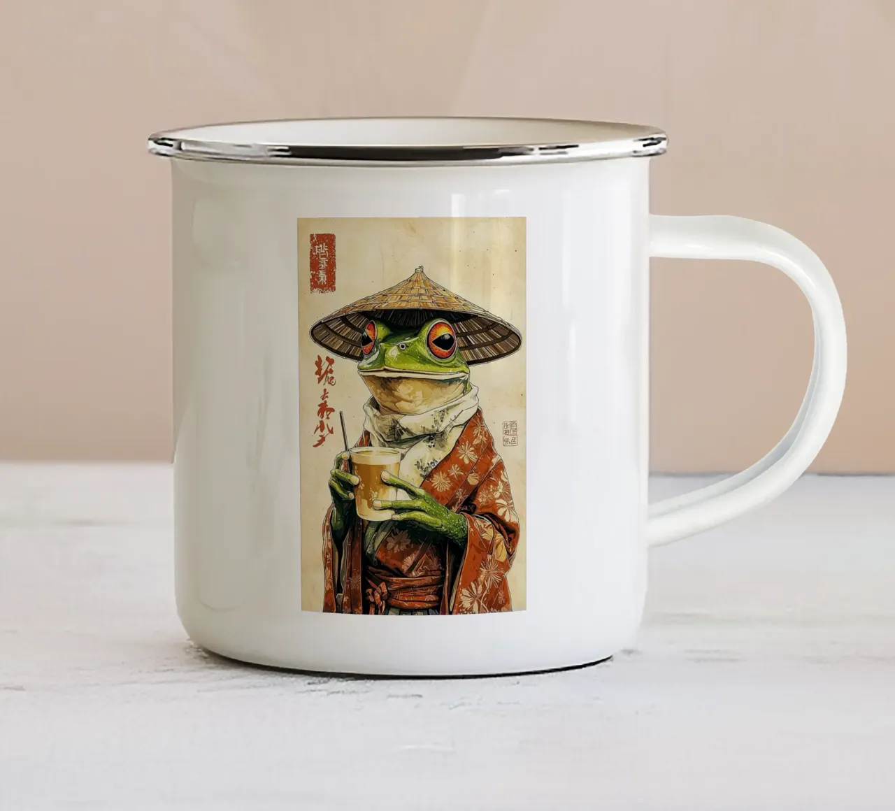 Rana in kimono con tè tazza in smalto da Margaret Marie Ostrout