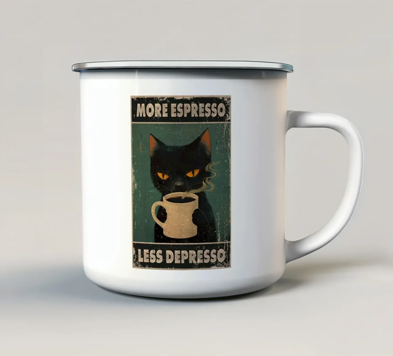 More Espresso, Less Depresso tazza in smalto da Margaret Marie Ostrout