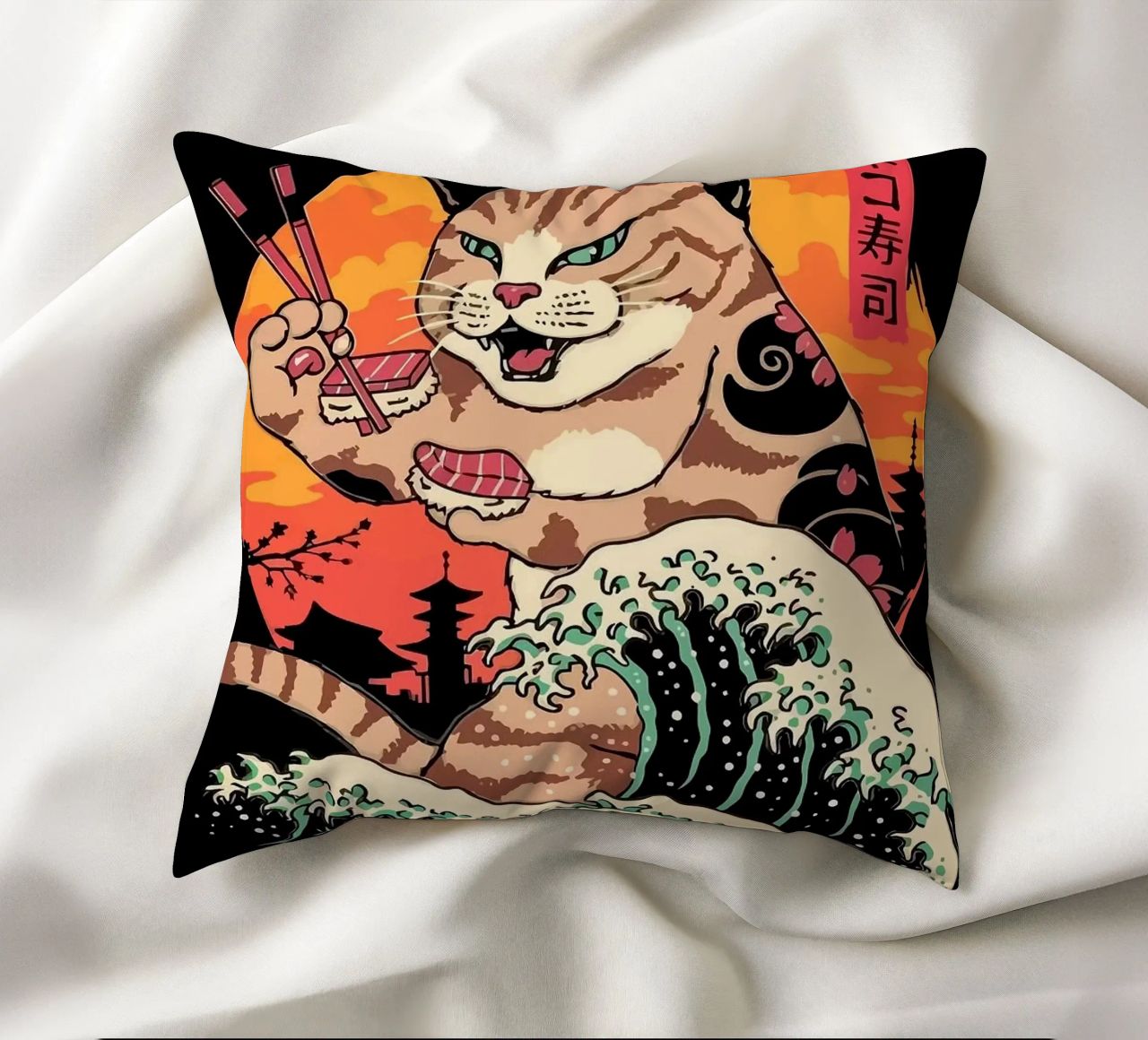 Sushi Cat Wave cuscino da Margaret Marie Ostrout