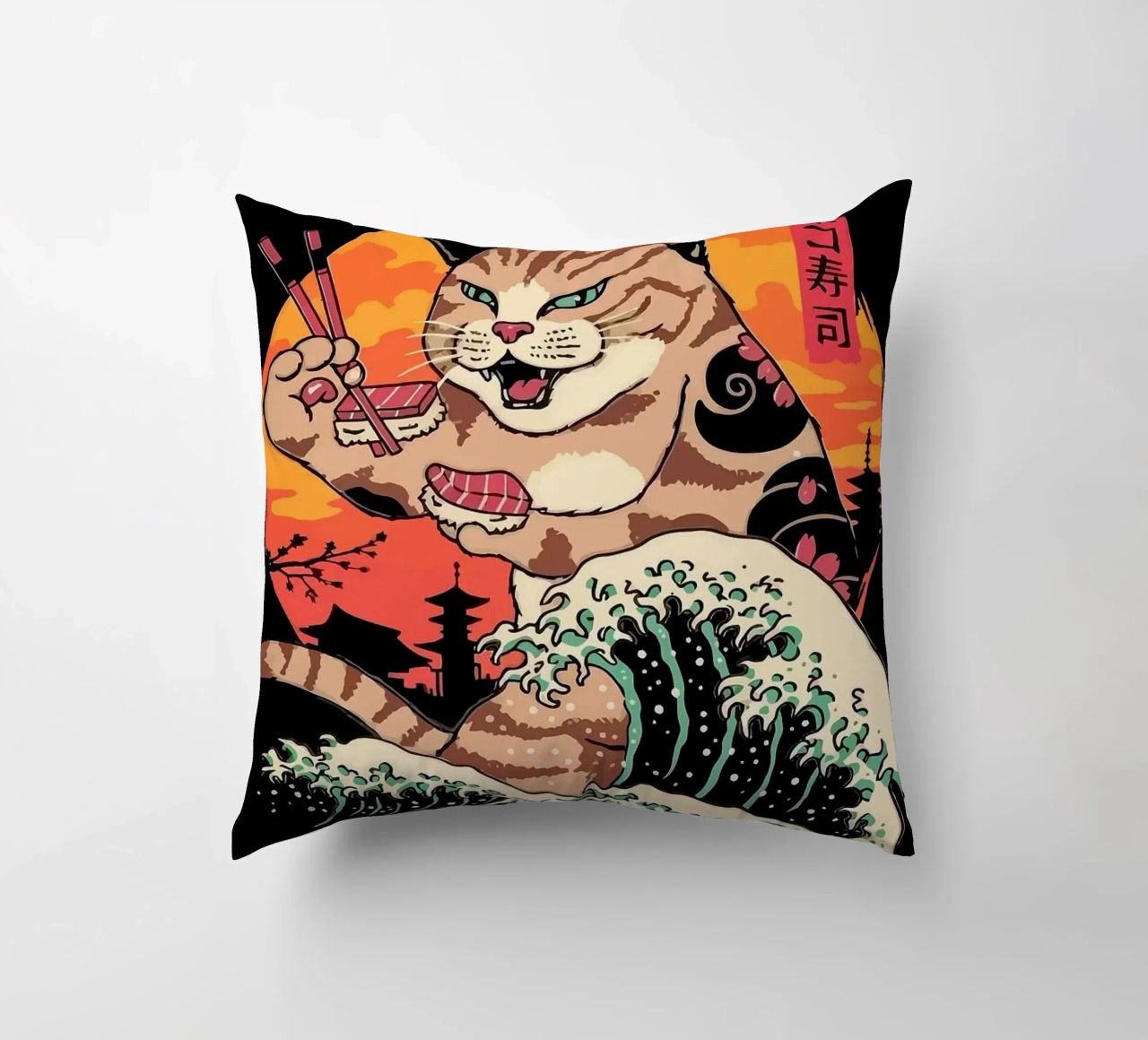 Sushi Cat Wave cuscino da Margaret Marie Ostrout