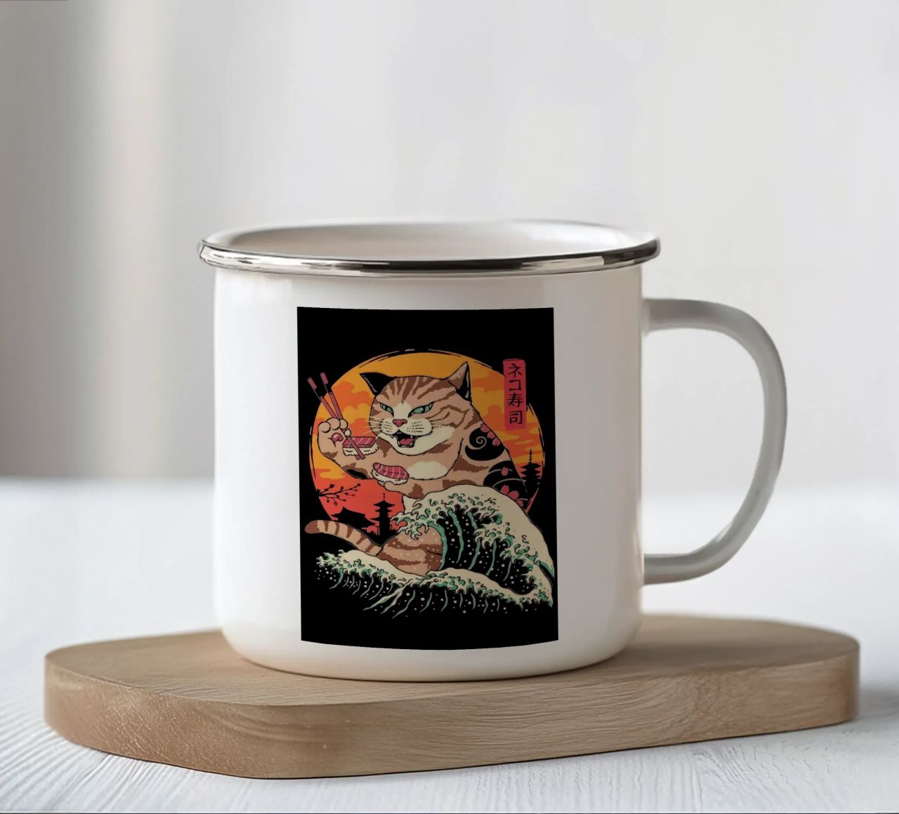 Sushi Cat Wave tazza in smalto da Margaret Marie Ostrout