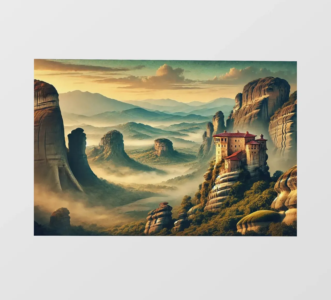 Poster d'epoca Grecia, Monasteri di Meteora pellicola backlit da Chromatic Fusion Studio