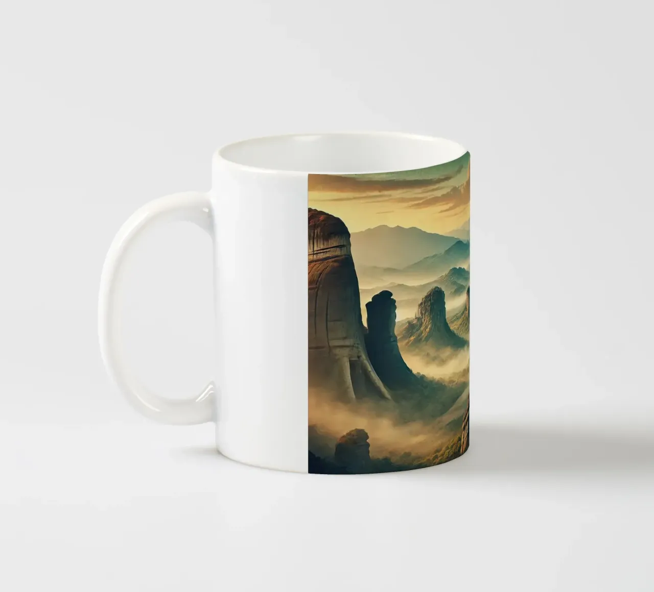 Poster d'epoca Grecia, Monasteri di Meteora tazza in ceramica da Chromatic Fusion Studio