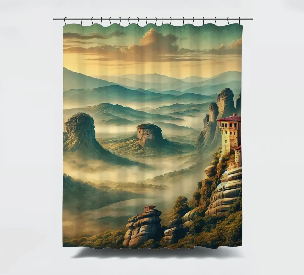 Vintage Greece, Meteora Monasteries Poster shower curtain by Chromatic Fusion Studio